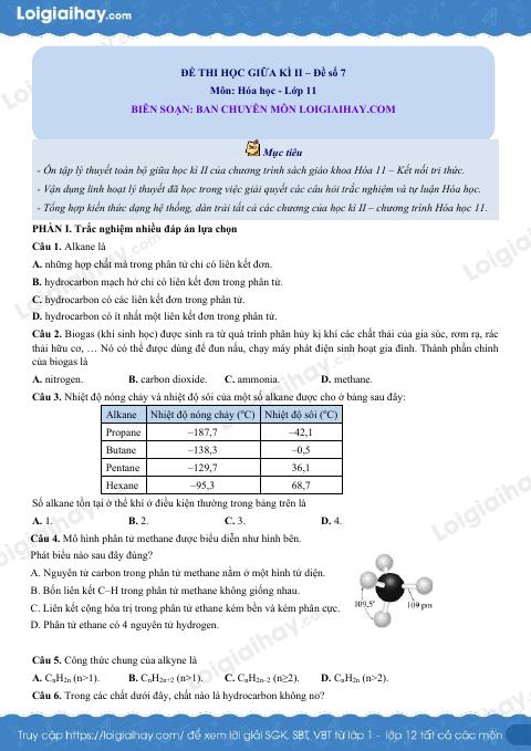Đề thi giữa kì 2 Hóa 11 Cánh diều - Đề số 7